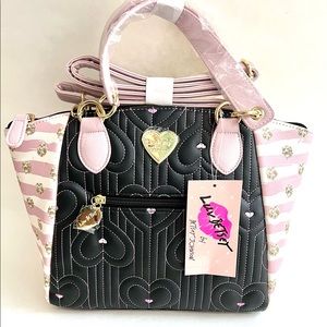 Betsey  💋Johnson LBKINLEY Satchel Handbag Pink/Black with Heart ❤️ NWT